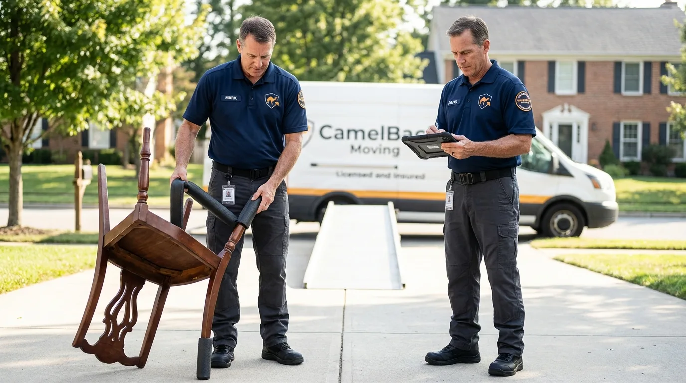 Movers inspecting furniture for damage prevention before loading in Milliken, CO